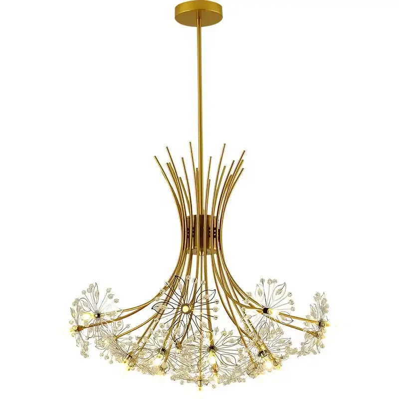 Gold-toned decorbites dandelion chandelier with delicate crystal accents and slender metal arms for living room decor