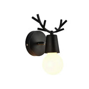Modern black metal deer head led wall lamp featuring antlers and a frosted bulb for bedroom sconce use