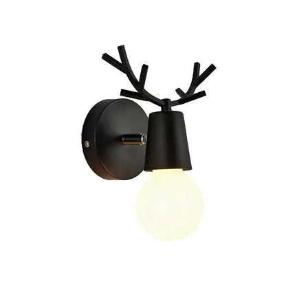 Modern black metal deer head led wall lamp featuring antlers and a frosted bulb for bedroom sconce use