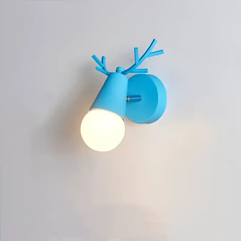 Modern black metal deer head led wall lamp with blue antler design and frosted bulb for bedroom sconce lighting