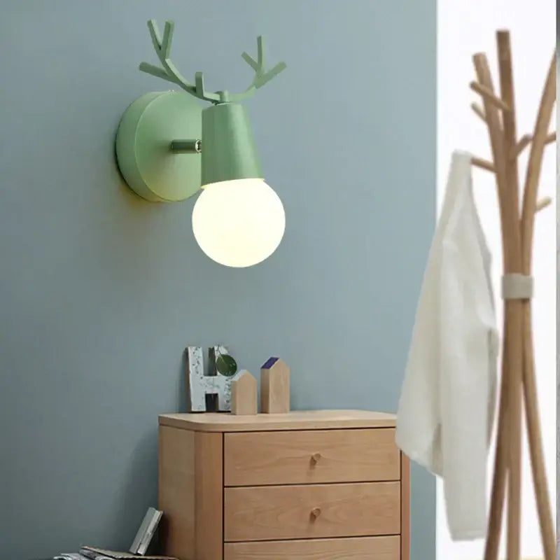 Mint green deer head led wall lamp with frosted glass bulb modern black metal bedroom sconce