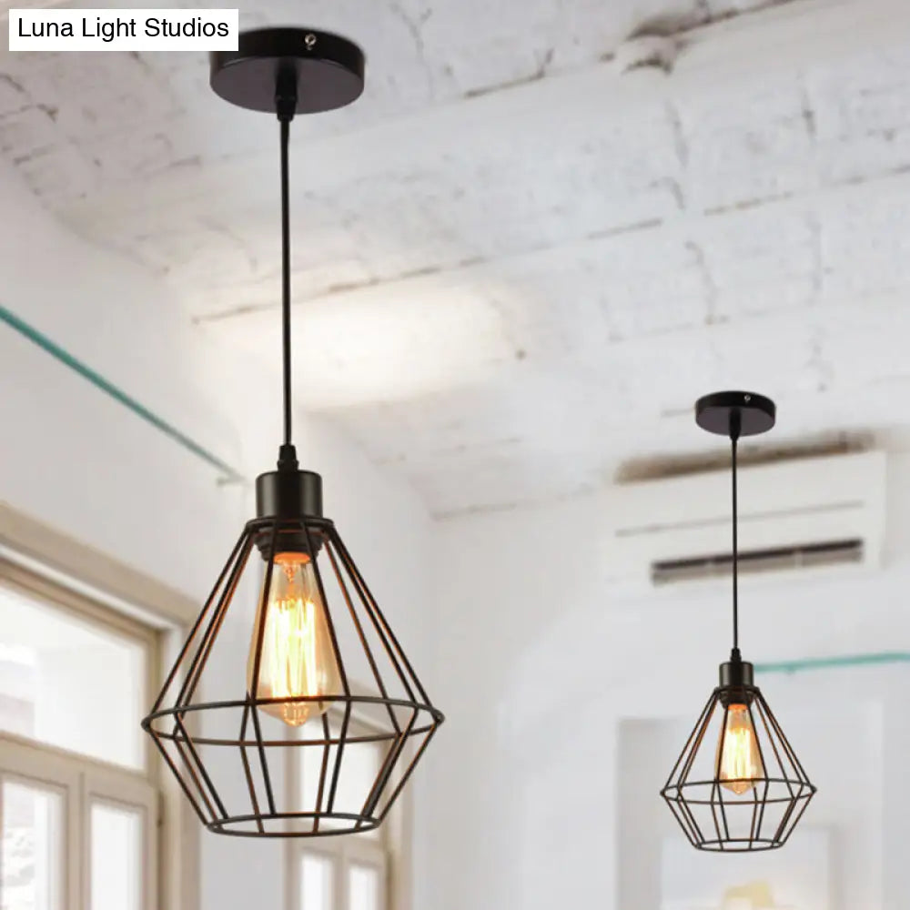 Modern Black Metal Diamond Cage Pendant Light for Restaurants - 1-Light Hanging Lamp Fixture