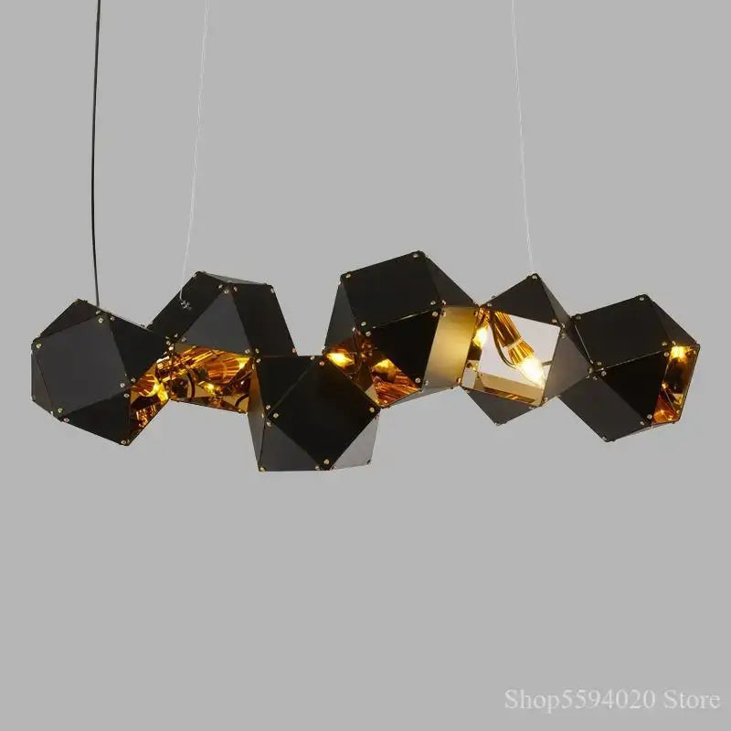 Modern black metal dna chandelier with gold interior accents and geometric design for dining room decorbites black metal