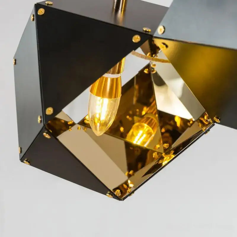 Modern black metal dna chandelier featuring black and gold geometric pendant light with mirrored facets for dining room decorbites black metal dna