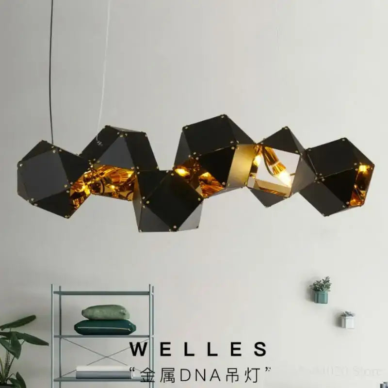 Modern black metal dna chandelier featuring a gold geometric pendant light for dining room decorbites black metal design
