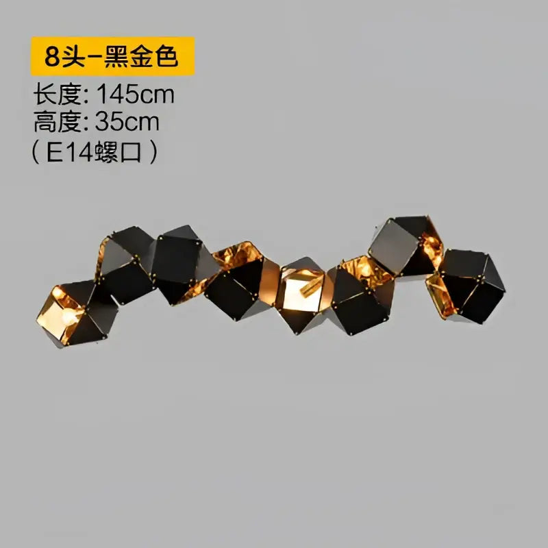 Modern black metal dna chandelier featuring a black and gold geometric crystal pendant with eight faceted segments