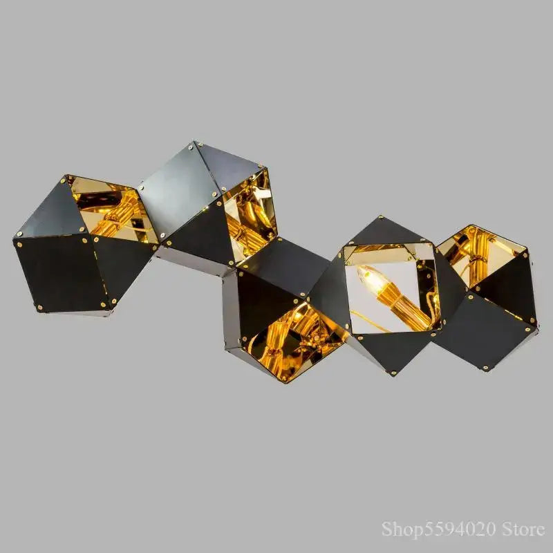 Modern black metal dna chandelier with alternating black and gold mirrored hexagonal panels for dining room decorbites black metal