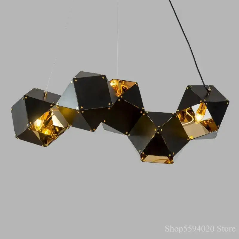 Modern black metal dna chandelier featuring a black and gold geometric pendant light with a modular metal dna design