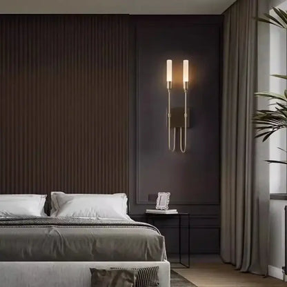Modern black metal double headed led wall lamp with brushed brass finish and frosted glass shades for stylish decorbites double headed lighting
