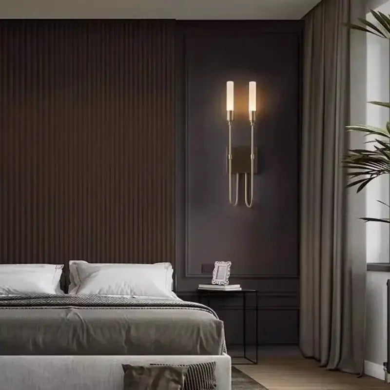 Modern black metal double headed led wall lamp with brushed brass finish and frosted glass shades for stylish decorbites double headed lighting