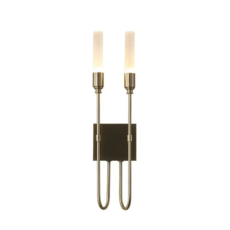 Brass-finished wall lamp with double arms and frosted glass candle-style shades for modern bedroom decorbites double headed led
