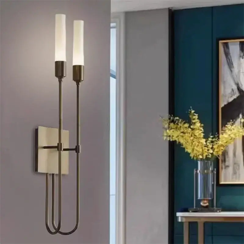 Modern black metal double headed led wall lamp with bronze finish and frosted glass shades for bedroom decorbites double headed wall lamp