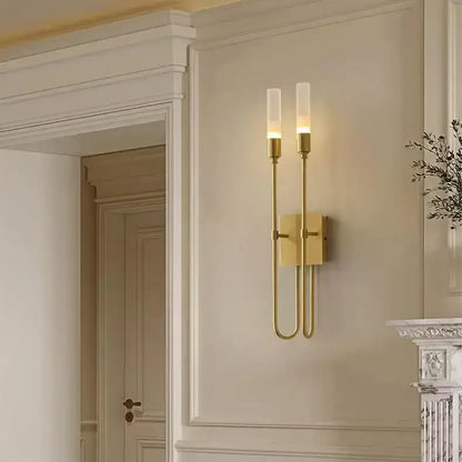 Modern black metal decorbites double headed wall lamp with gold-toned sconce and frosted glass double headed led bulbs