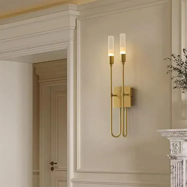 Modern black metal decorbites double headed wall lamp with gold-toned sconce and frosted glass double headed led bulbs