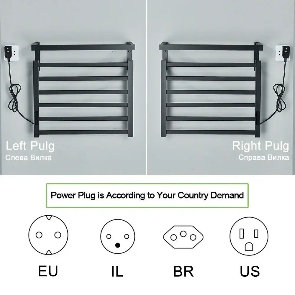 Modern black metal electric towel rack with horizontal bars and digital display wall-mounted in bathroom