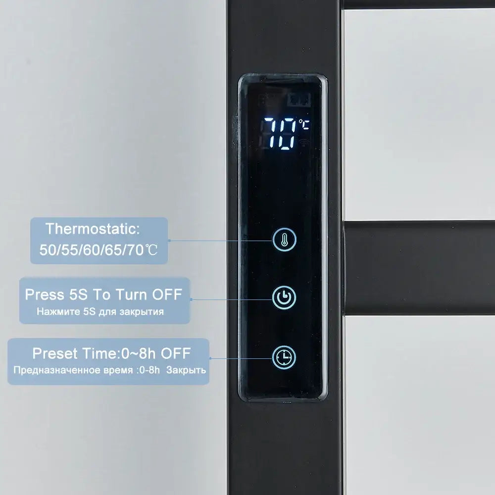 Modern black metal electric towel rack with digital control panel and blue display for temperature power and timer settings