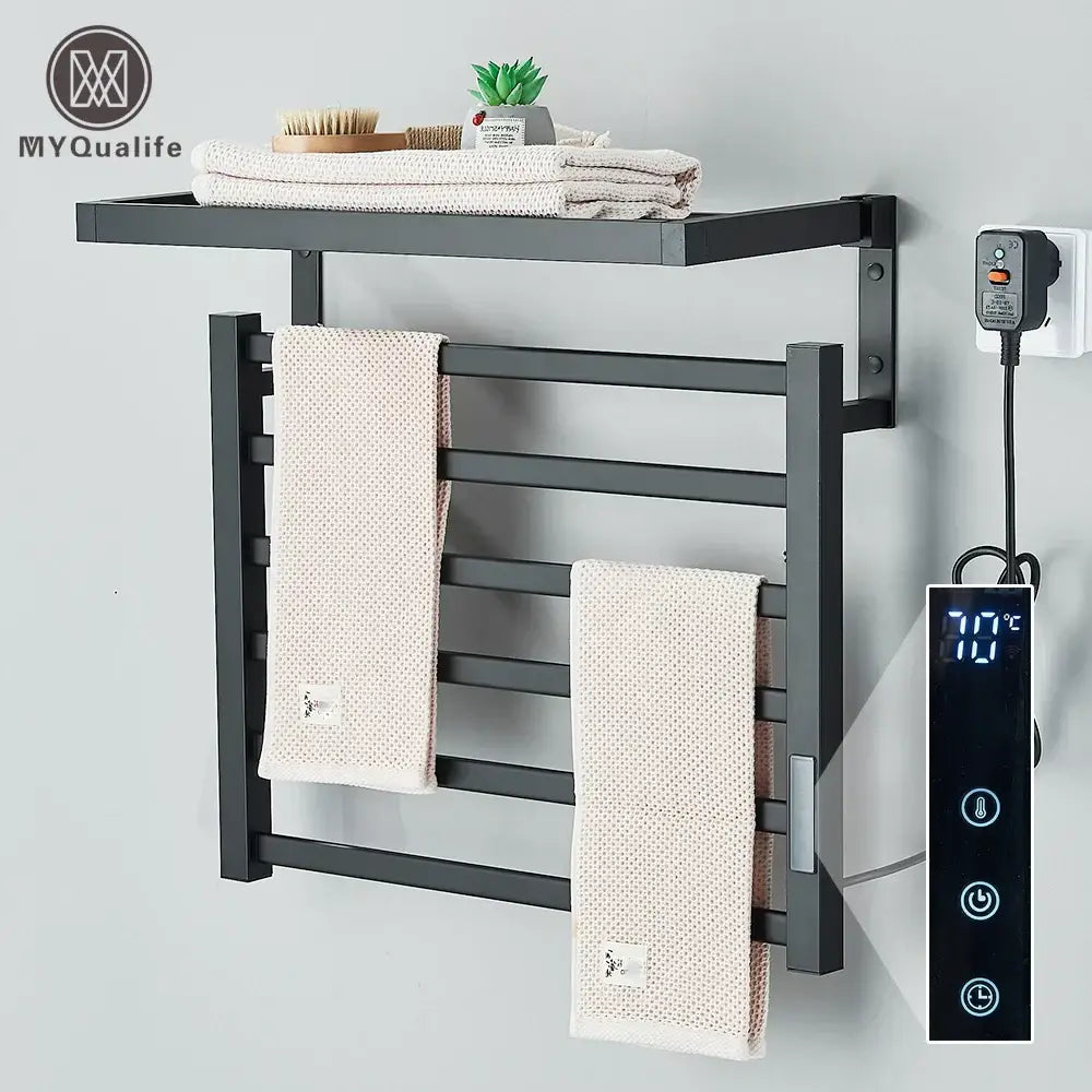 Modern black metal electric towel rack with digital temperature display and control panel for bathroom use