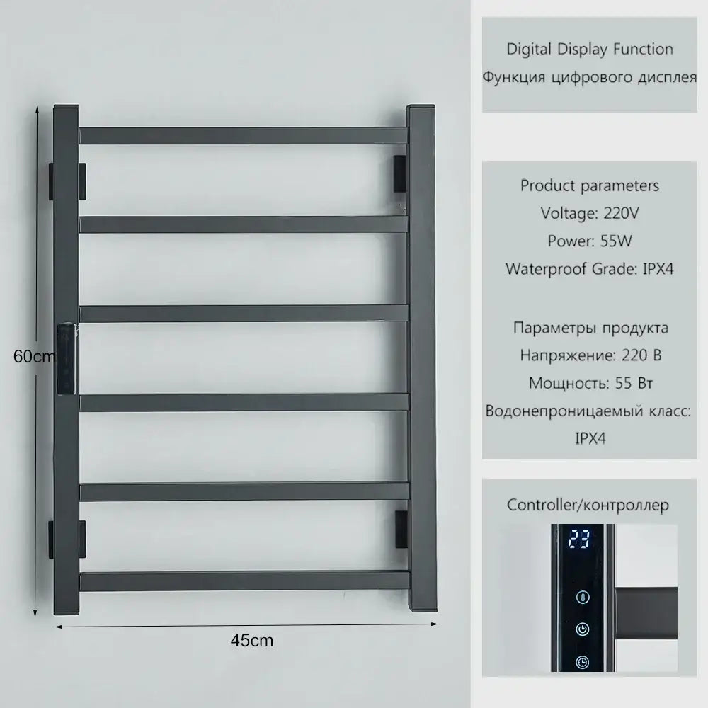 Modern black metal electric towel rack with digital display ipx4 waterproof rating and 55w power for bathroom use