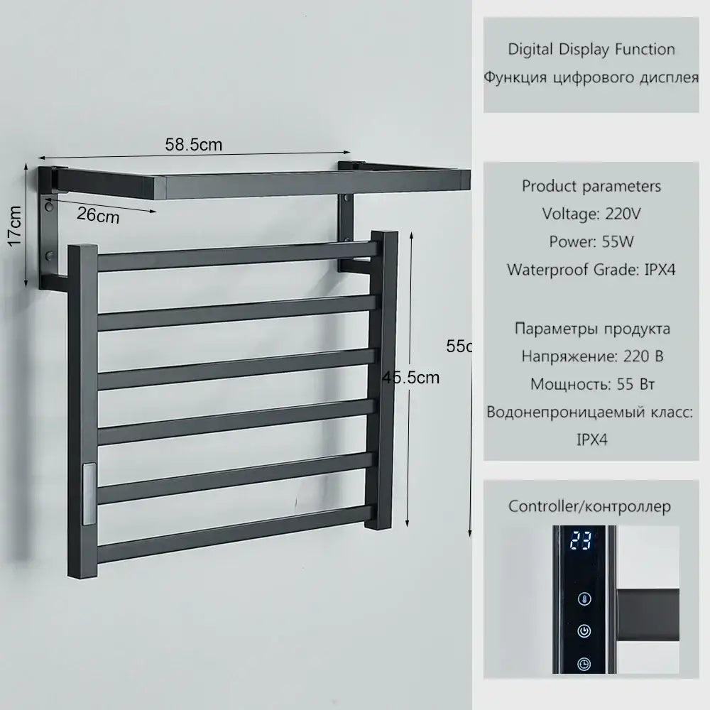 Modern black metal electric towel rack with digital display ipx4 waterproof rating and 55w power for bathroom use