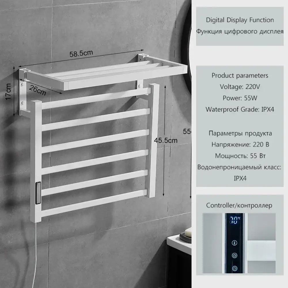 Modern black metal electric towel rack with digital display and ipx4 waterproof rating for bathroom use