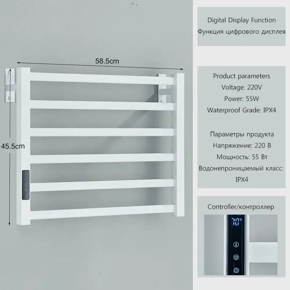 Modern black metal electric towel rack with digital display and ipx4 waterproof rating for bathroom use