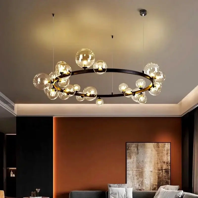 Modern black metal pendant chandelier with clear glass ball pendant bulbs for dining room decorbites glass ball design