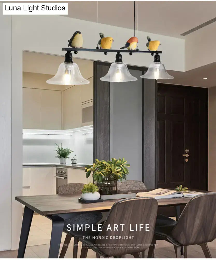 Modern black metal island pendant with birds featuring four frosted glass shades suitable for 110v-120v and 220v-240v use
