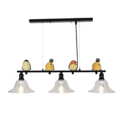 Modern black metal island pendant light with four colorful bird figurines and three clear glass shades 110v-120v