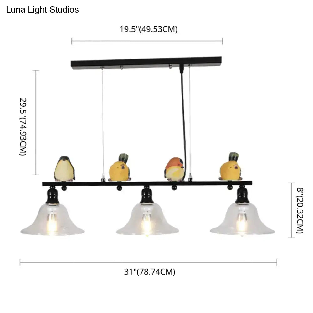 Modern black metal island pendant light with four bird figurines and clear glass shades for 110v-120v or 220v-240v use
