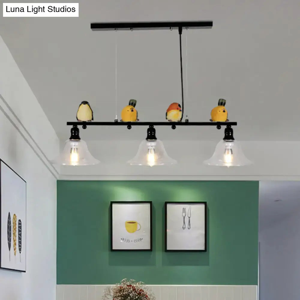 Black metal island pendant light with four glass bell shades and decorative bird figurines 110v-120v kitchen fixture