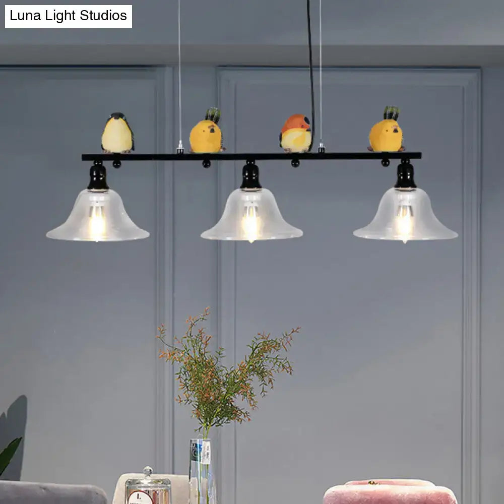 Modern black metal island pendant with four frosted glass shades and decorative bird figurines 110v-120v and 220v-240v