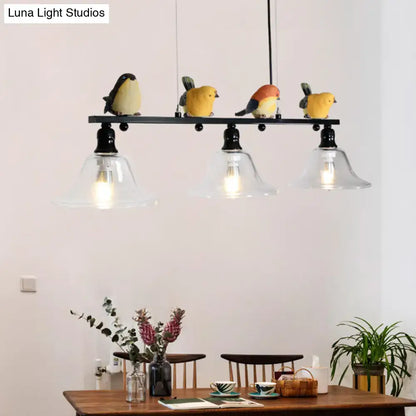 Modern black metal island pendant light with four clear glass bell shades and decorative birds 110v-120v metal island pendant