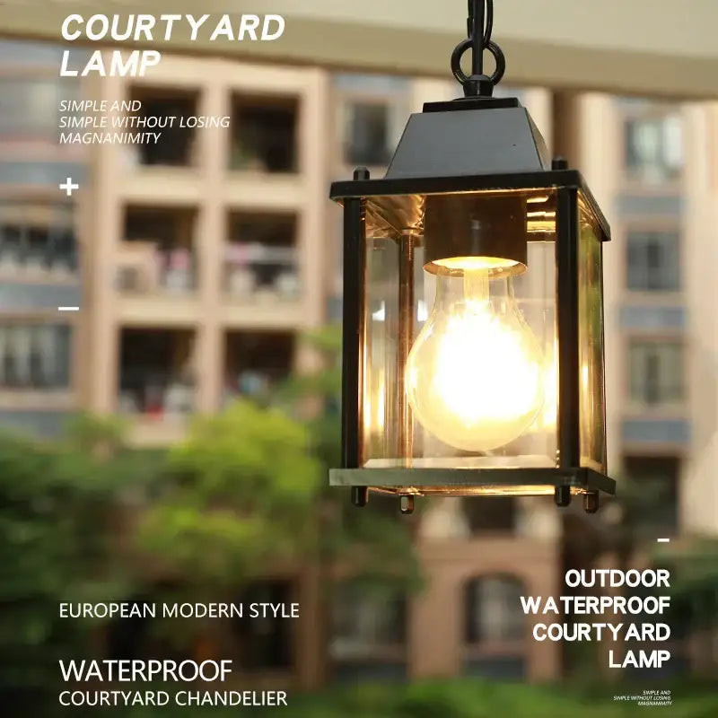 Modern black metal lantern courtyard pendant light with clear glass panels and incandescent bulb decorbites garden pendant