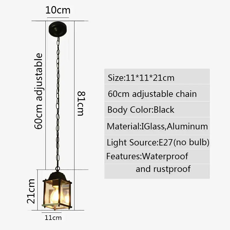 Modern black metal lantern pendant light with glass and aluminum construction and 60cm adjustable chain decorbites garden pendant