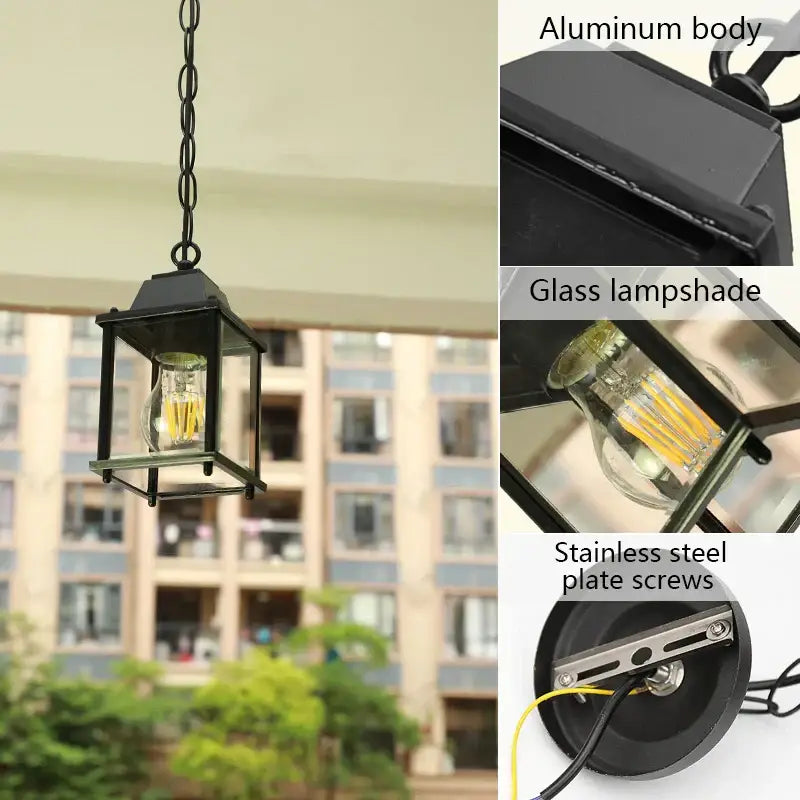 Modern black metal lantern courtyard pendant light with aluminum body glass shade and stainless steel screws decorbites garden pendant