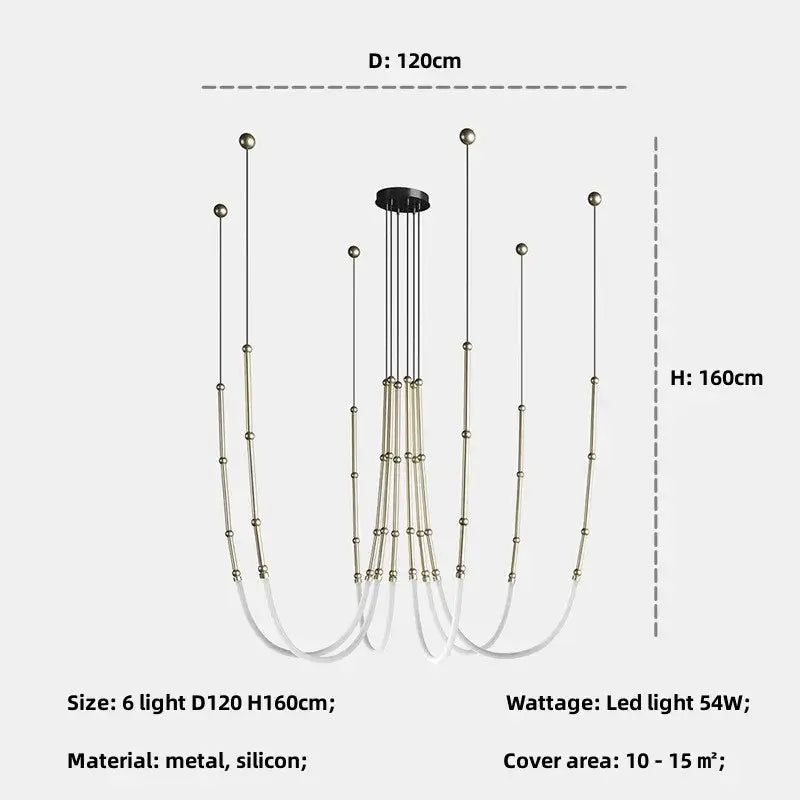 Modern black metal pendant lights with six slender brushed gold arms and spherical beads for living room chandelier decorbites bamboo pendant style