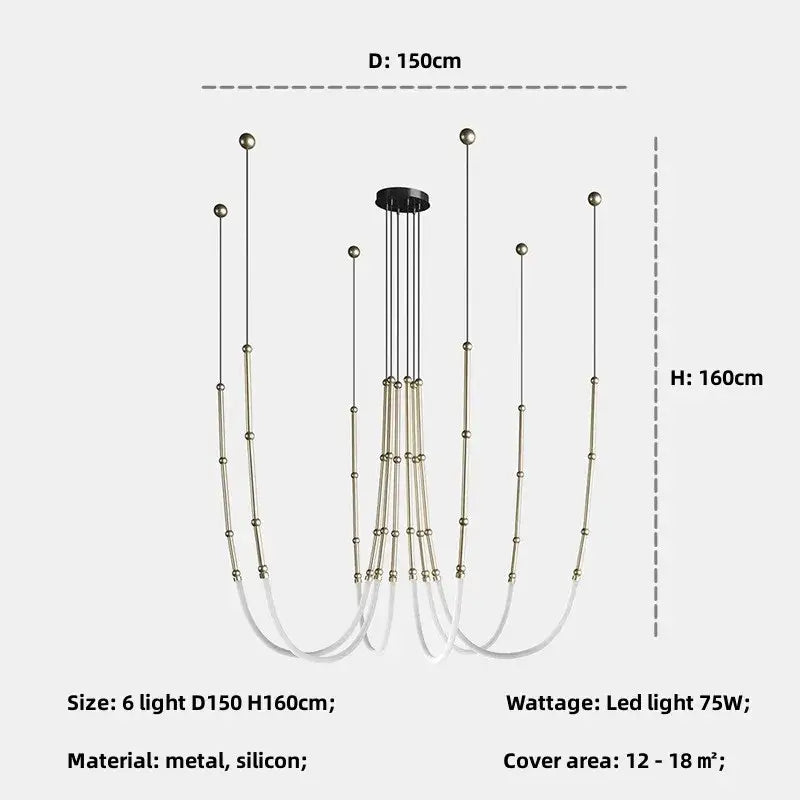 Modern black metal led pendant lights with six slender arms and spherical beads suspended by white silicone cords for living room decor