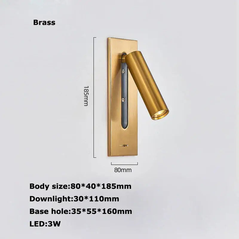 Brass wall lamp with cylindrical adjustable head and rectangular base perfect as a modern led wall reading light