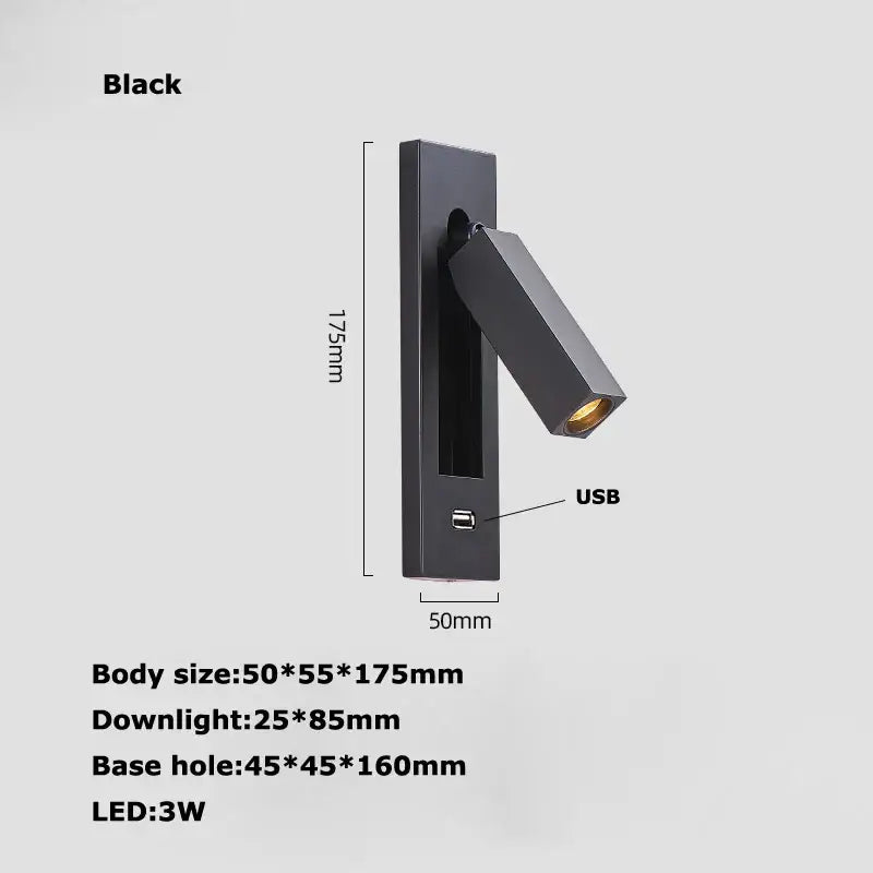 Modern black metal led wall lamp with usb port and adjustable angled head for bedroom reading light
