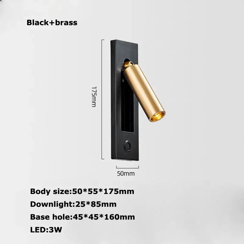 Modern black metal led wall lamp with brass cylindrical gold-colored head and usb port for bedroom reading light
