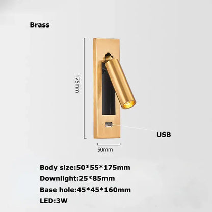 Modern black metal led wall lamp with gold brass adjustable spotlight and integrated usb port for bedroom reading light