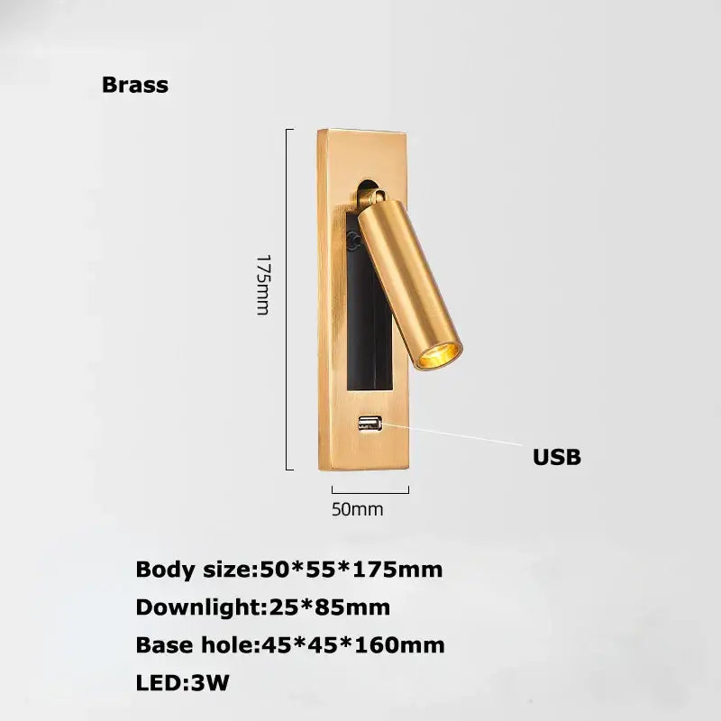 Modern black metal led wall lamp with gold brass adjustable spotlight and integrated usb port for bedroom reading light