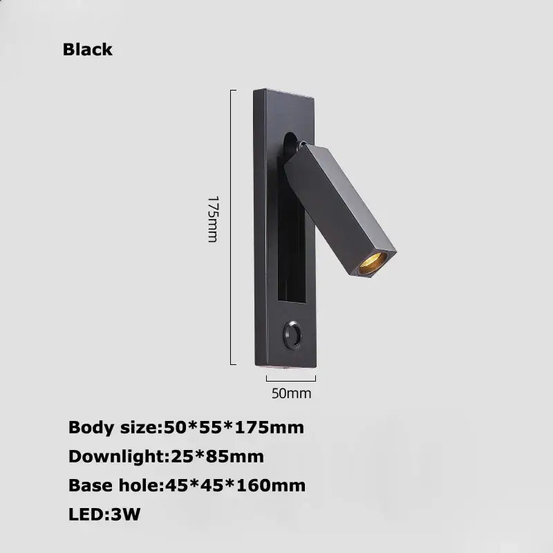 Modern black metal led wall lamp with matte finish, sleek rectangular design, adjustable angled head, and usb port