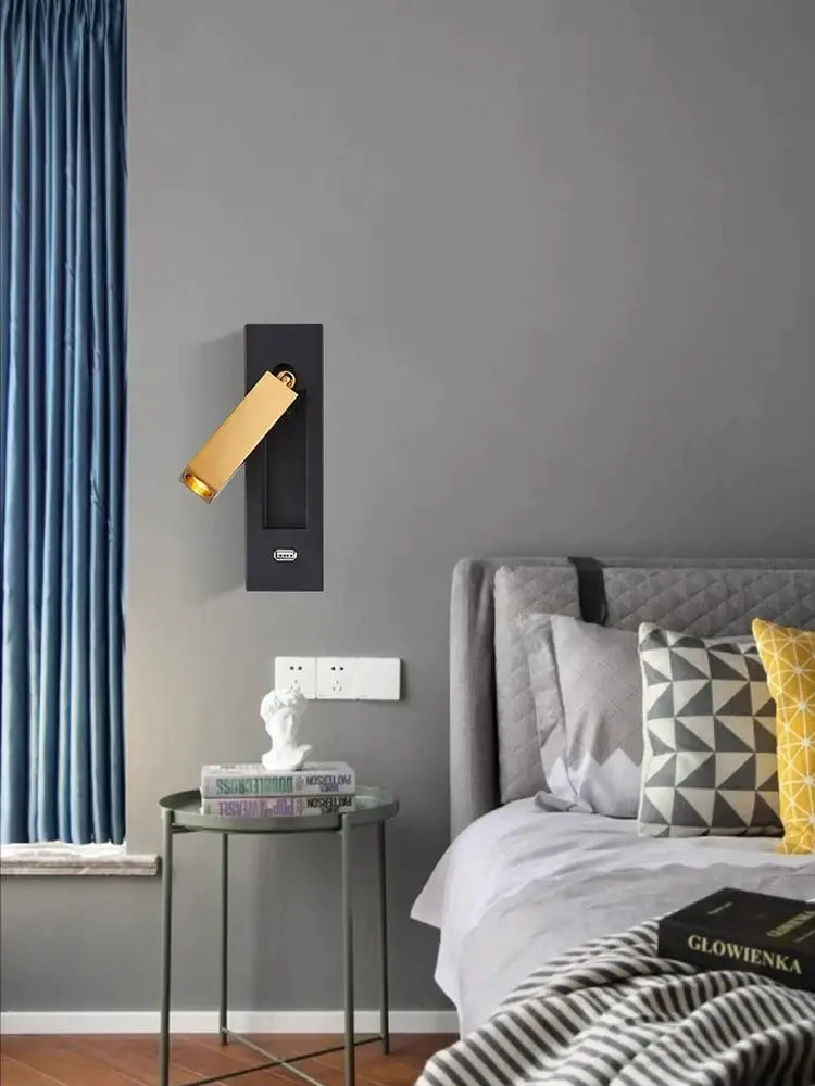Gold-finished rectangular wall lamp with sleek black metal base and adjustable arm led wall lamp with usb port for reading