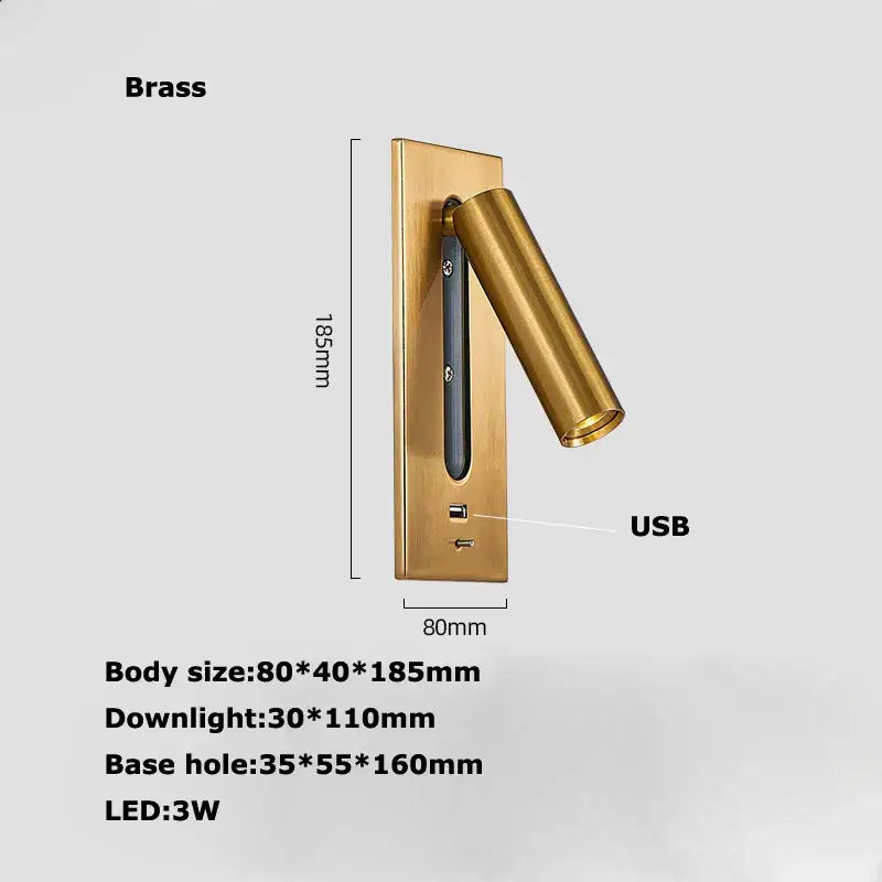 Brass wall lamp with a sleek cylindrical head and usb port for charging modern black metal led wall lamp