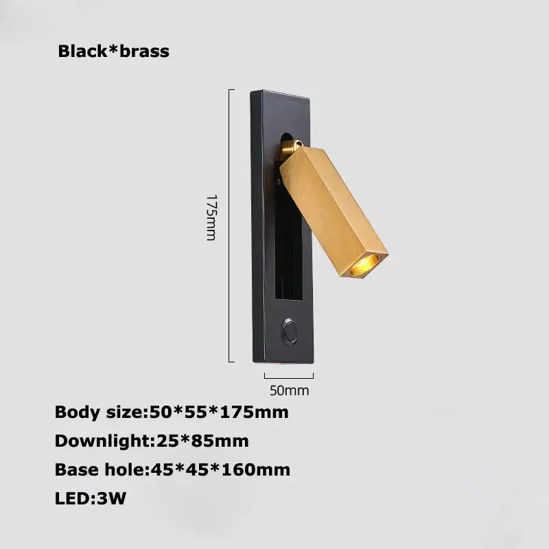 Modern black metal led wall lamp with brass adjustable rectangular head and usb port for bedroom reading light