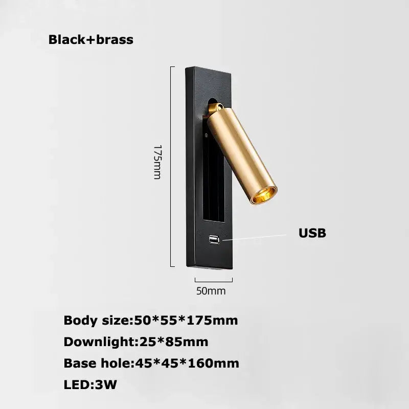 Modern black metal led wall lamp with brass accents and usb port for charging ideal for bedroom reading light