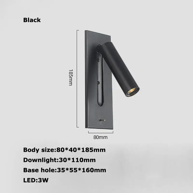 Modern black metal led wall lamp with matte finish and adjustable spotlight head for bedroom reading light with usb port