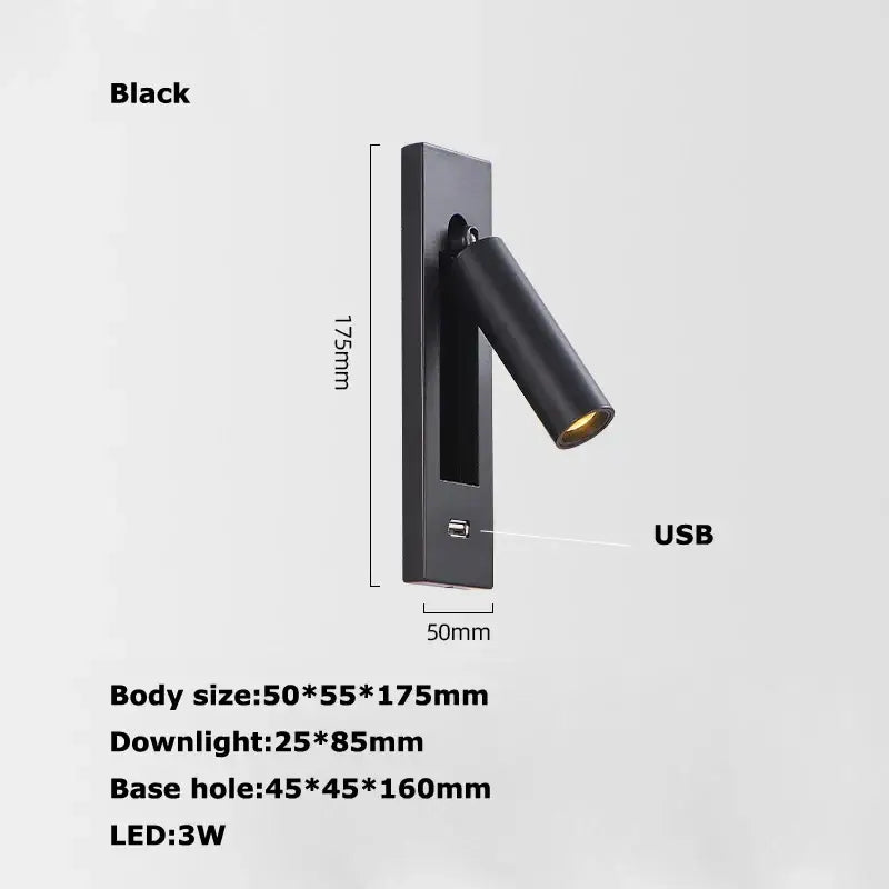 Modern black metal led wall lamp with matte finish adjustable spotlight head and usb port for bedroom reading light