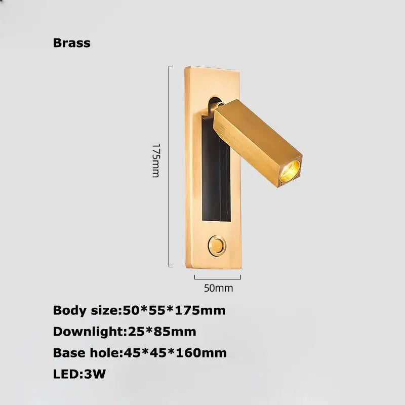 Gold-colored brass led wall lamp with sleek rectangular design and adjustable head for bedroom reading light with usb port
